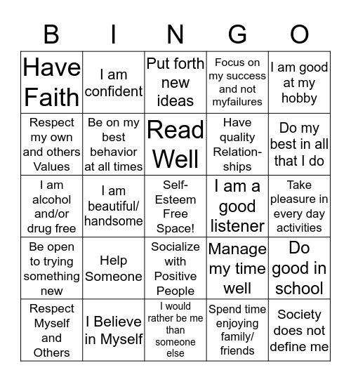 Self-Esteem Bingo Card