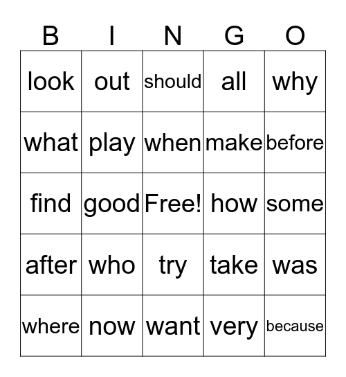 Sight Word Bingo Card