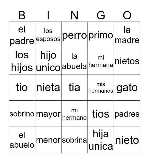 La Familia bingo Card