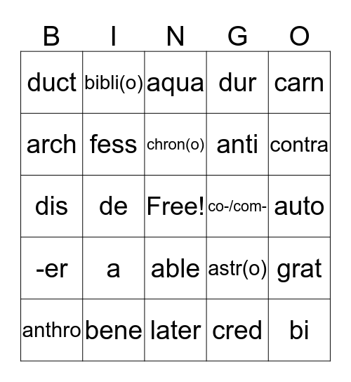 affixes/root word bingo Card