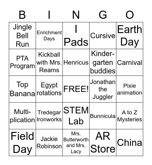 2nd Grade Bingo Card