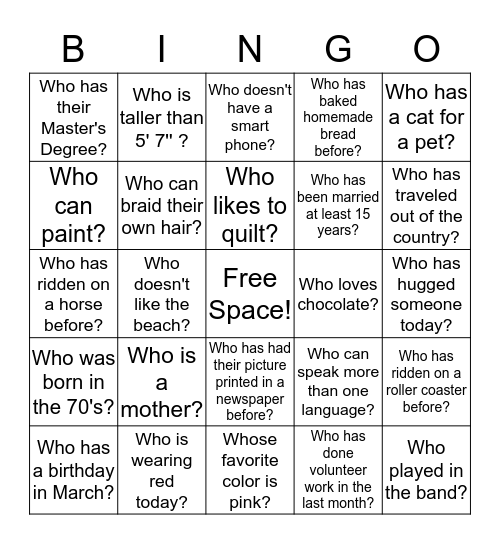 Find a Friend Bingo Card