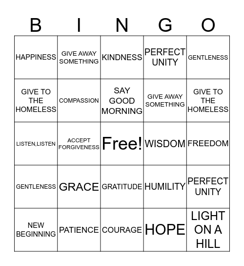 ACTS OF PEACE AND KINDNESS Bingo Card