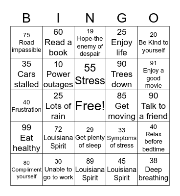 DISASTERS AND STRESS "BINGO" Bingo Card