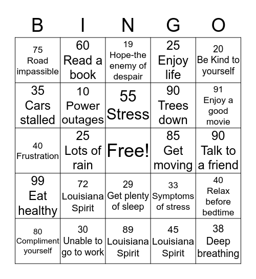 DISASTERS AND STRESS "BINGO" Bingo Card
