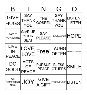 ACTS OF PEACE AND KIINDNESS Bingo Card