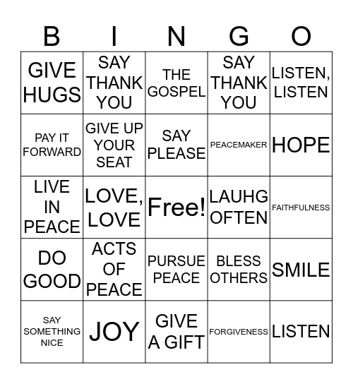 ACTS OF PEACE AND KIINDNESS Bingo Card