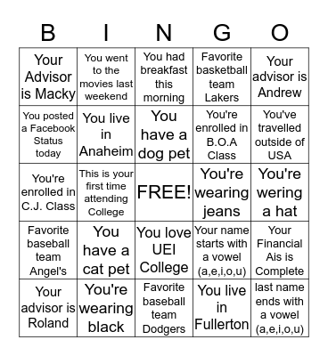 UEI College Bingo Card