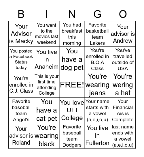 UEI College Bingo Card