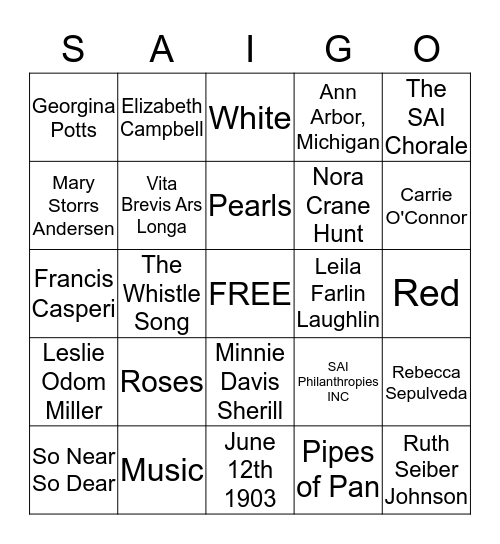 Sigma Alpha Iota Bingo Card