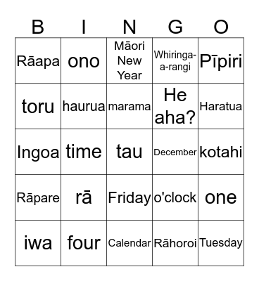 Ngā marama, rā, nama Bingo Card