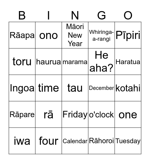Ngā marama, rā, nama Bingo Card