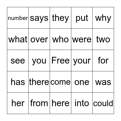 Level 1 Trick Words Bingo Card