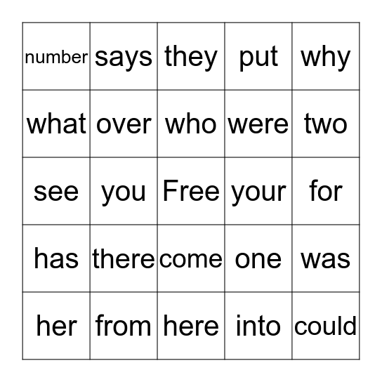 Level 1 Trick Words Bingo Card
