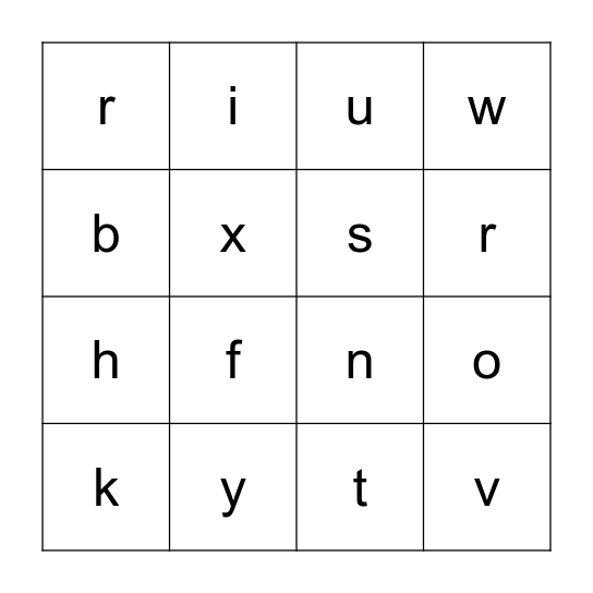 Lower case alphabet Bingo Card
