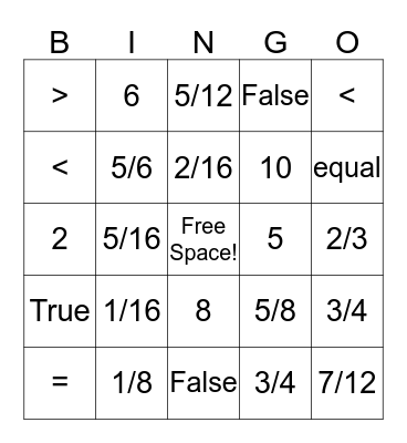 Fraction Bingo! Bingo Card