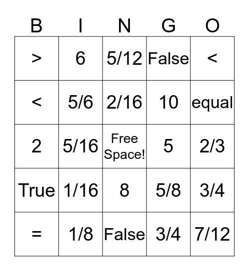 Fraction Bingo! Bingo Card