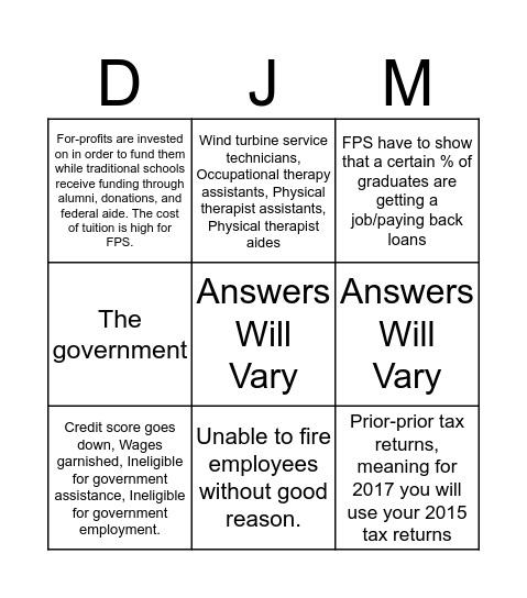 Quarter 1 Review Bingo Card