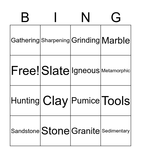 Rocks Bingo Card