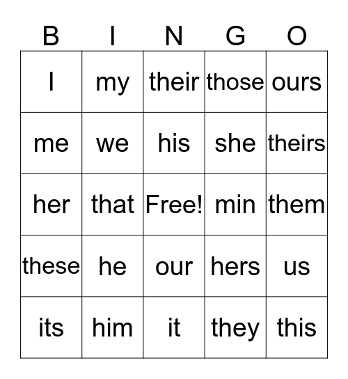 Pronoun Bingo Card