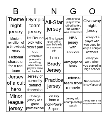 Spirit Week Jersey Bingo Card