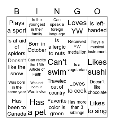 Young Women Bingo Card