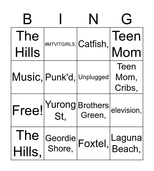 MTV's 20th Anniversary Bingo Card