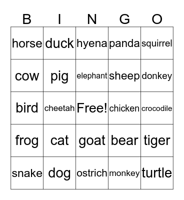 Animals Bingo Card