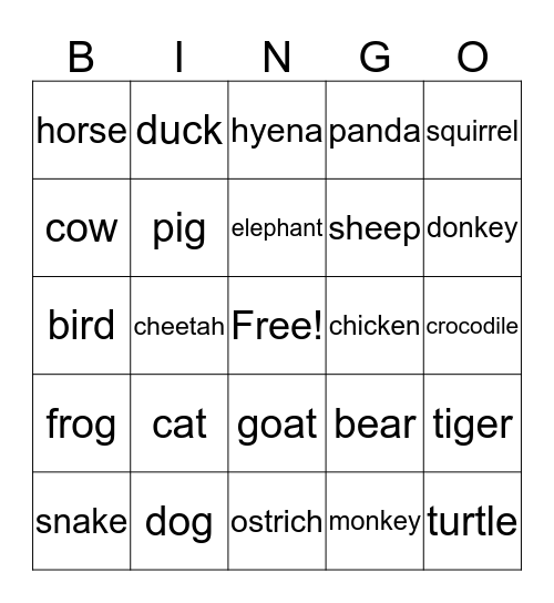 Animals Bingo Card
