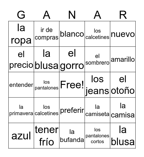 SP 1 U4.1 Vocabulario Bingo Card