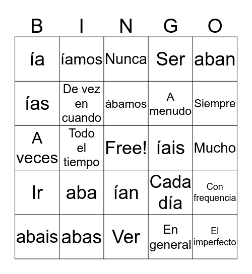 Imperfect Tense Bingo Card