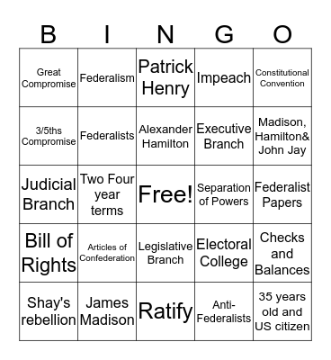US Constitution Quiz SS7 Bingo Card