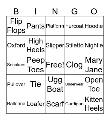 Clothes and Shoes Bingo Card