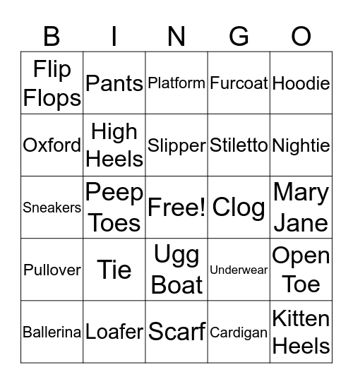 Clothes and Shoes Bingo Card