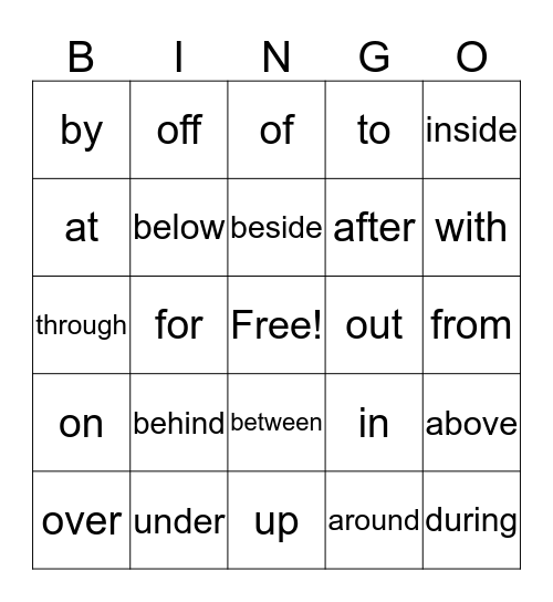 Preposition Bingo Grade 3 Bingo Card
