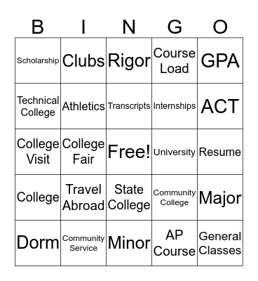 College Bingo Card