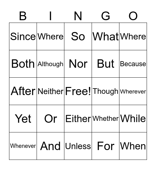 Conjunction Bingo Card