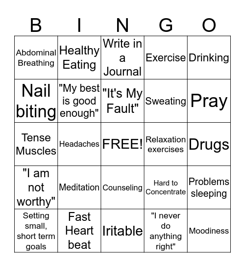 Relaxation and Stress Managment Bingo Card