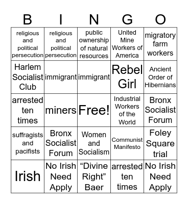 Elizabeth Gurley Flynn Bingo Card