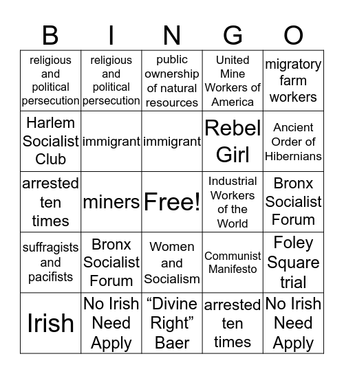 Elizabeth Gurley Flynn Bingo Card