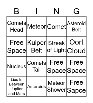 Comets, Meteoroids, And Asteroids  Bingo Card
