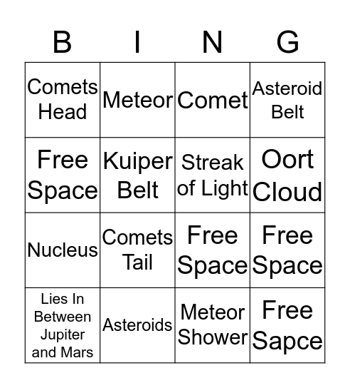 Comets, Meteoroids, And Asteroids  Bingo Card