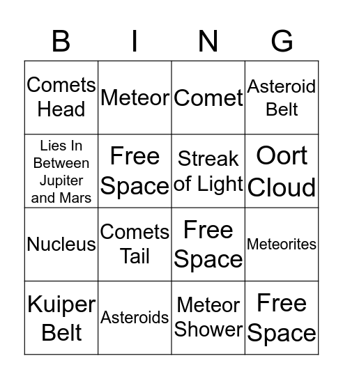 Comets, Meteoroids, And Asteroids  Bingo Card