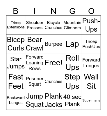 Exercise Bingo Card