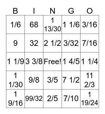 Fraction Bingo Card