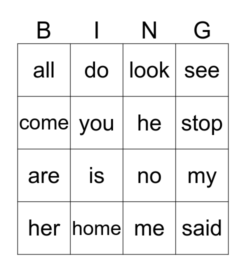 Sight Word Bingo Card