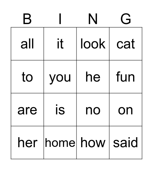 Sight Word Bingo Card
