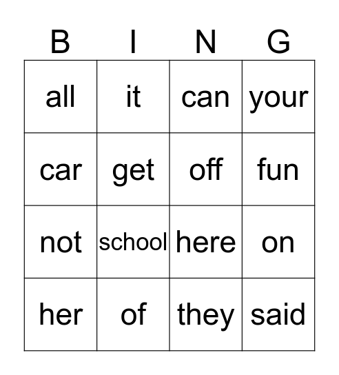Sight Word Bingo Card