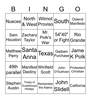 Apush Period 5 Western Expansion Bingo Card