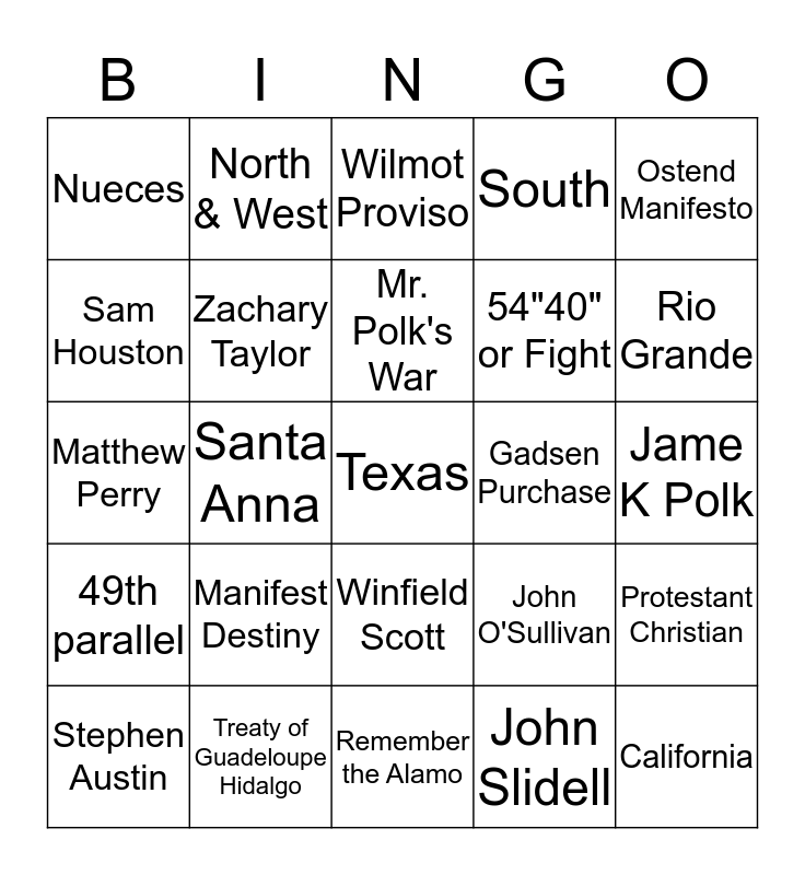 Apush Period 5 Western Expansion Bingo Card